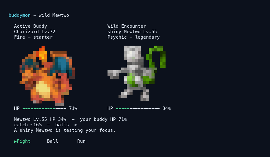 Terminal battle screen: active buddy Charizard Lv.72 at 71% HP faces a wild shiny Mewtwo Lv.55 at 34% HP, with a 16% catch estimate and Fight, Ball, Run options