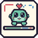 Buddymon's pixel-art app icon: a round mint-green pixel buddy with a red pixel heart floating above its head, standing over a status bar, on a cream card