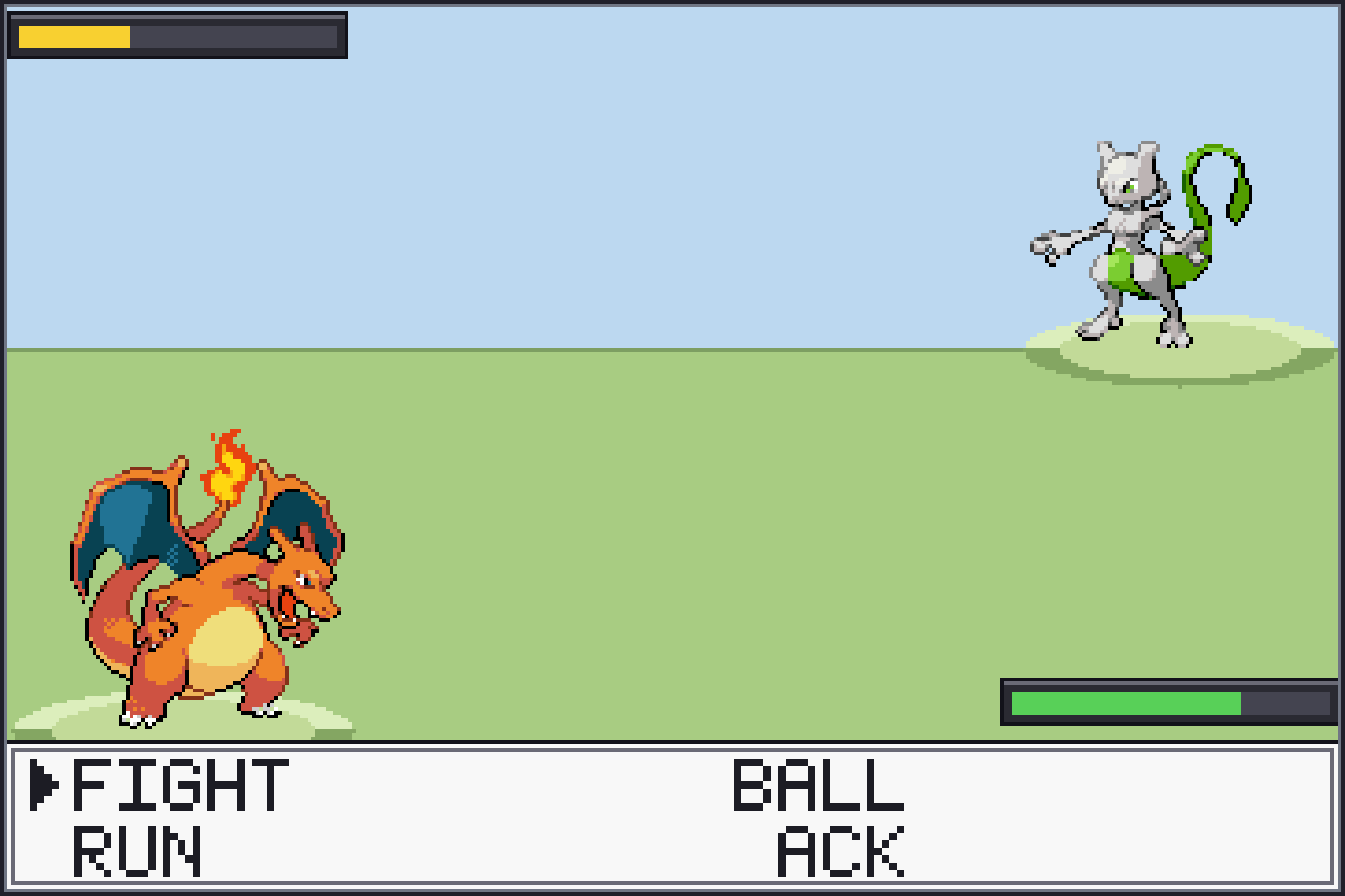 Buddymon battle scene in handheld pixel-art style: your Charizard faces a wild shiny Mewtwo across a grassy field, HP bars on both sides, with FIGHT, BALL, RUN and ACK options in the menu below
