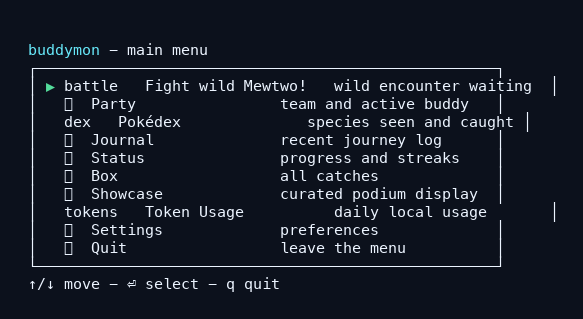Buddymon's terminal main menu listing battle, party, Pokédex, journal, status, box, showcase, token usage, settings and quit. Arrow-key navigation hints sit below.