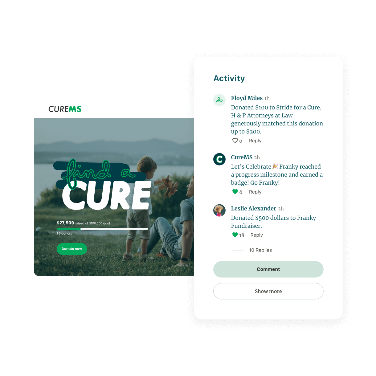 Fundraiser activity feed with donations and recognition