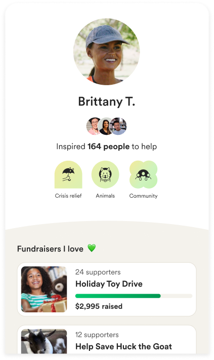GoFundMe profile showing causes and fundraisers
