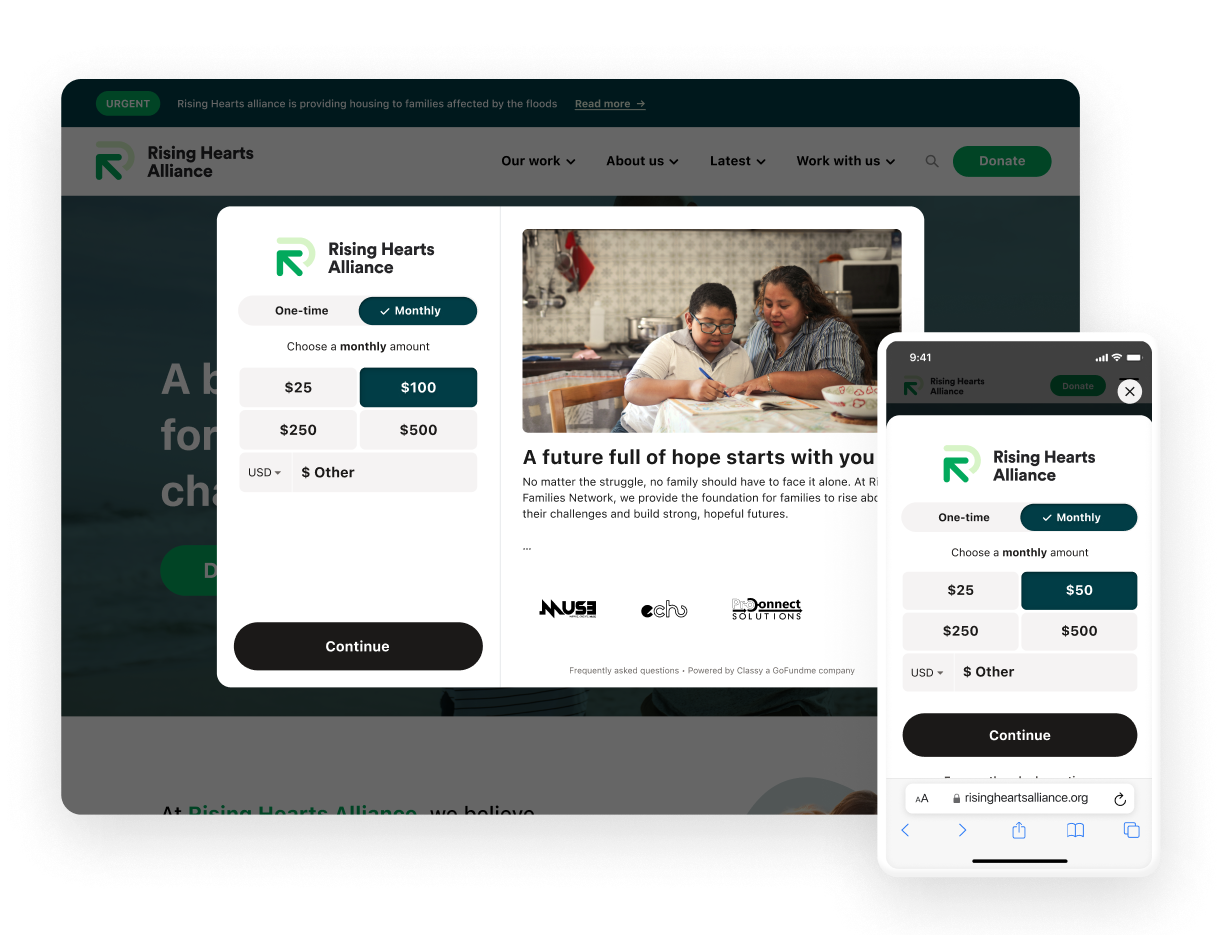Rising Hearts donation form embedded on desktop and mobile