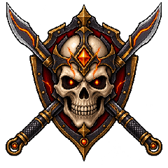 Pixel-art seal of a skull on a shield with two crossed blades