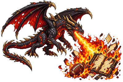 Pixel-art black-and-red dragon breathing fire onto a burning ledger and football