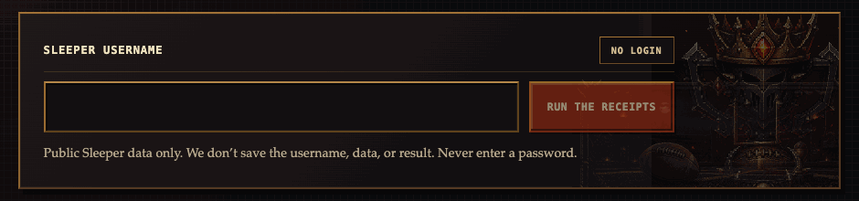 Screenshot of the live entry form — a Sleeper username field with a “Run the receipts” button and a “No login” chip