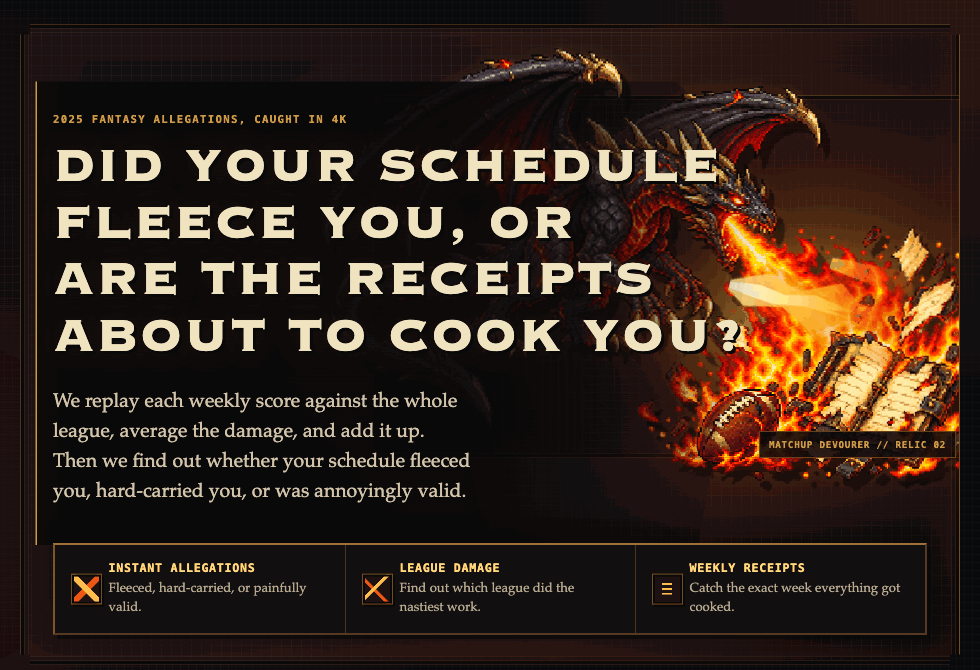 Screenshot of the live wasirobbed.com landing page — the headline “Did your schedule fleece you, or are the receipts about to cook you?”, a fire-breathing dragon relic and a three-column allegations strip
