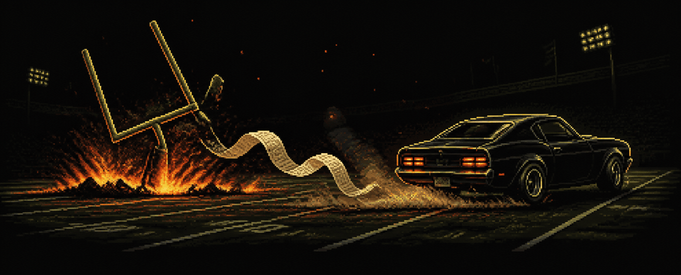 Pixel-art scene of a black muscle car peeling out of a dark stadium trailing a paper receipt, a goalpost toppling into flames behind it