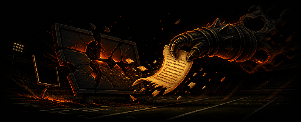 Pixel-art scene of an armored gauntlet ripping a parchment receipt through a shattered scoreboard, embers scattering across a dark stadium