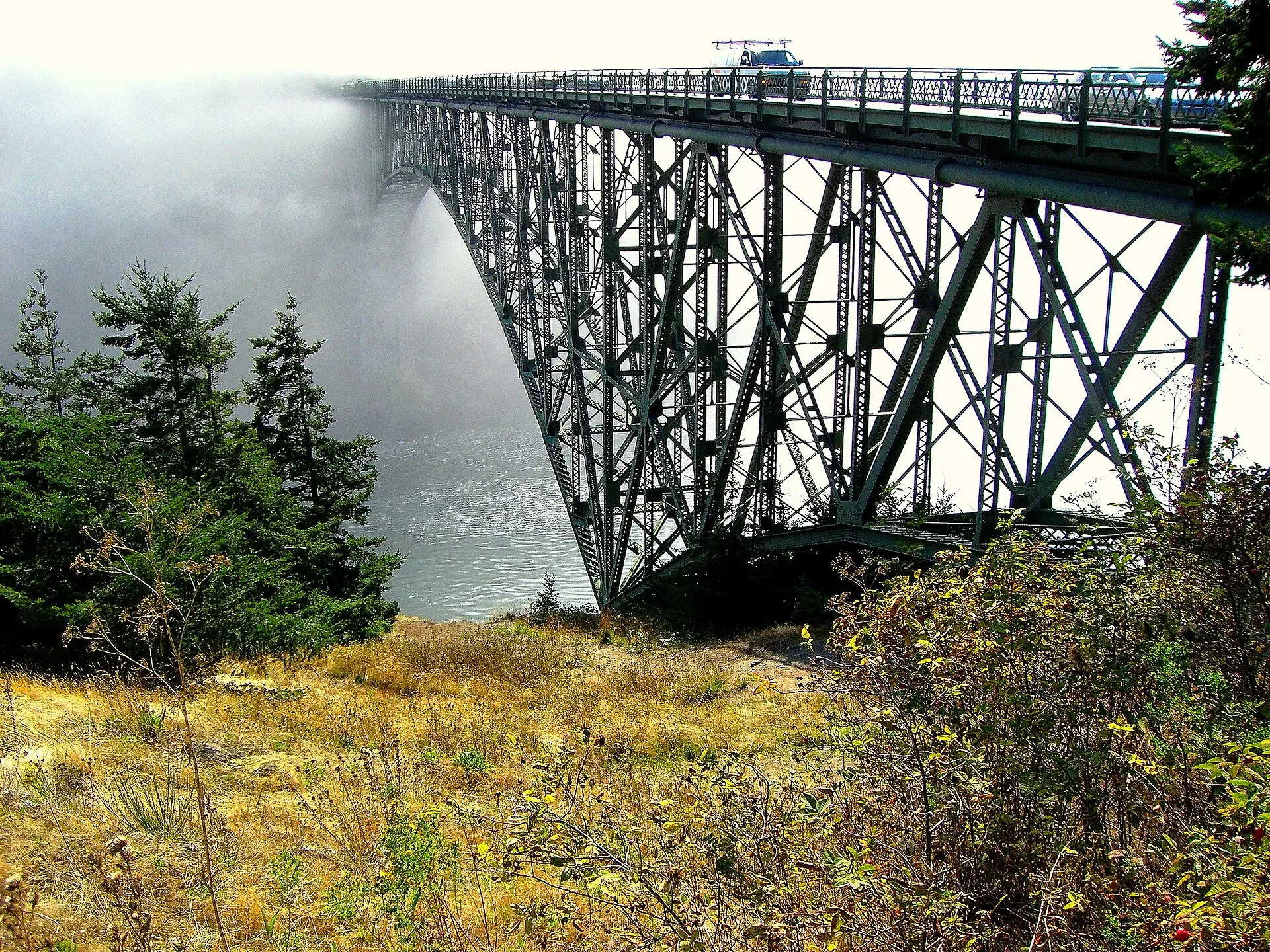Deception Pass Bridge above the water
