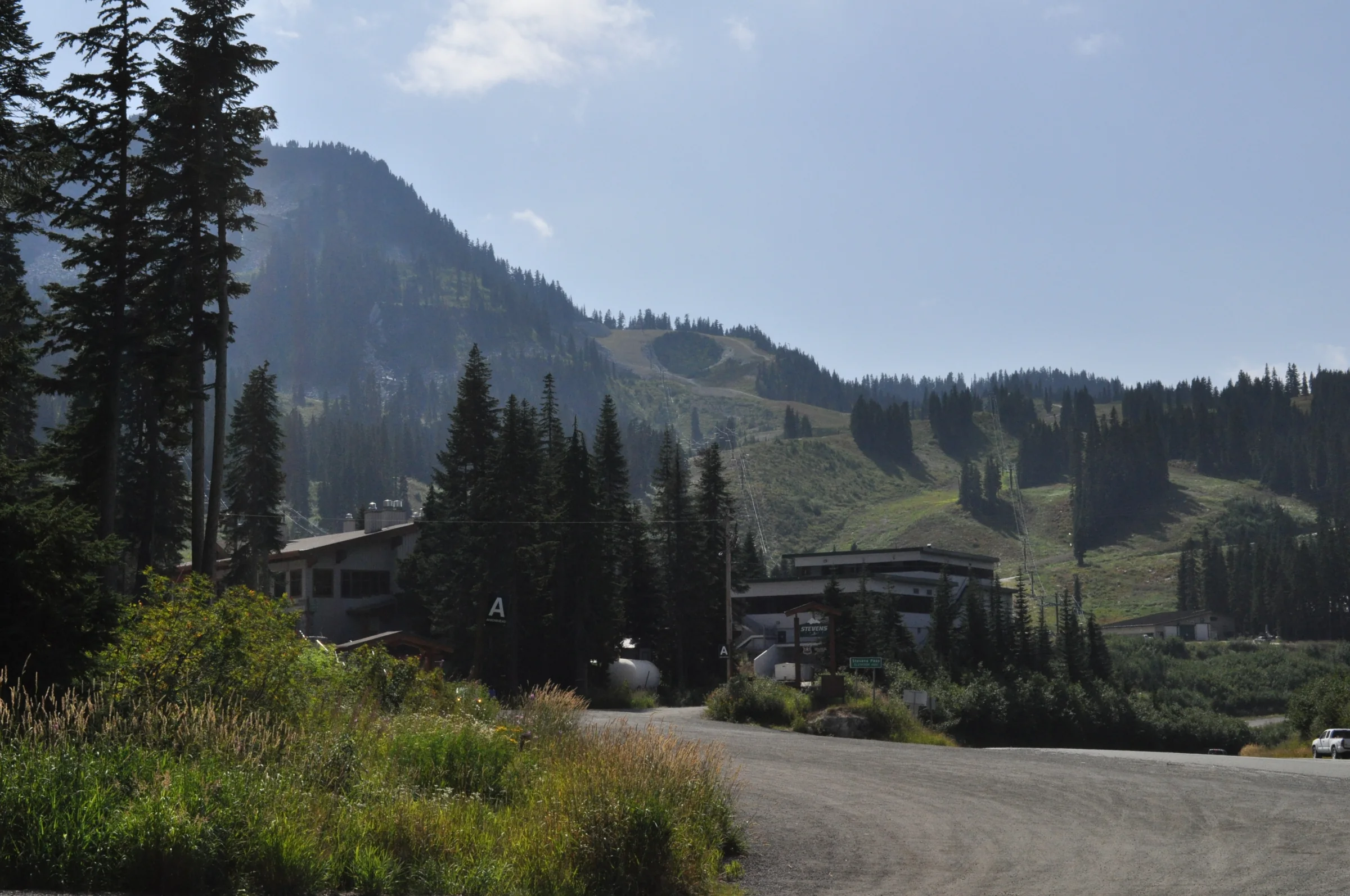 The Stevens Pass ski area beside US 2 in summer